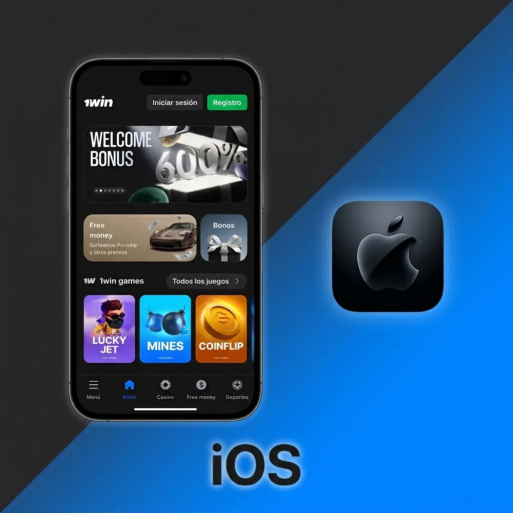 App de 1win para iOS disponible en App Store compatible con iPhone e iPad con iOS 12.0 o superior