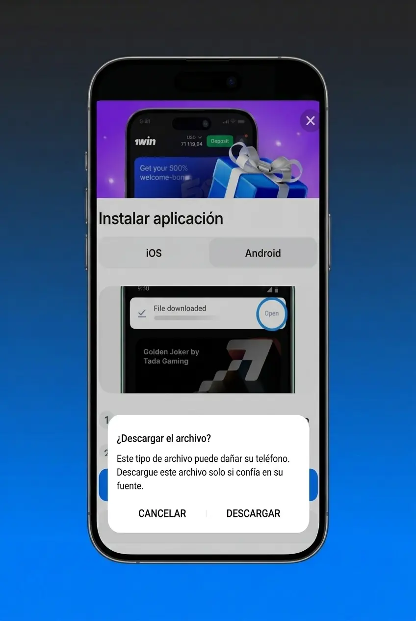 Guía visual para descargar e instalar el APK de 1win en Android en 4 pasos simples y seguros