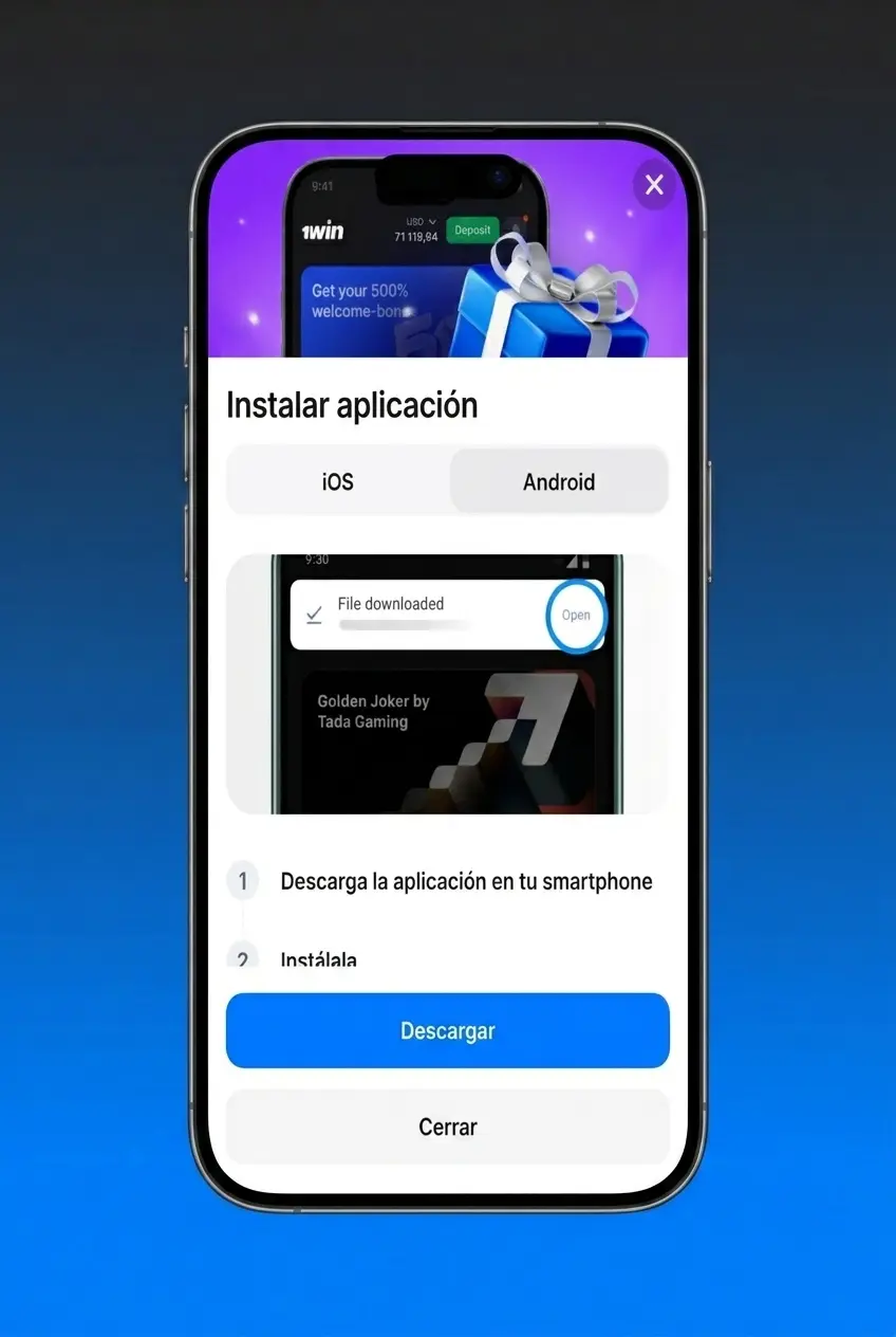Guía visual para descargar e instalar el APK de 1win en Android en 4 pasos simples y seguros